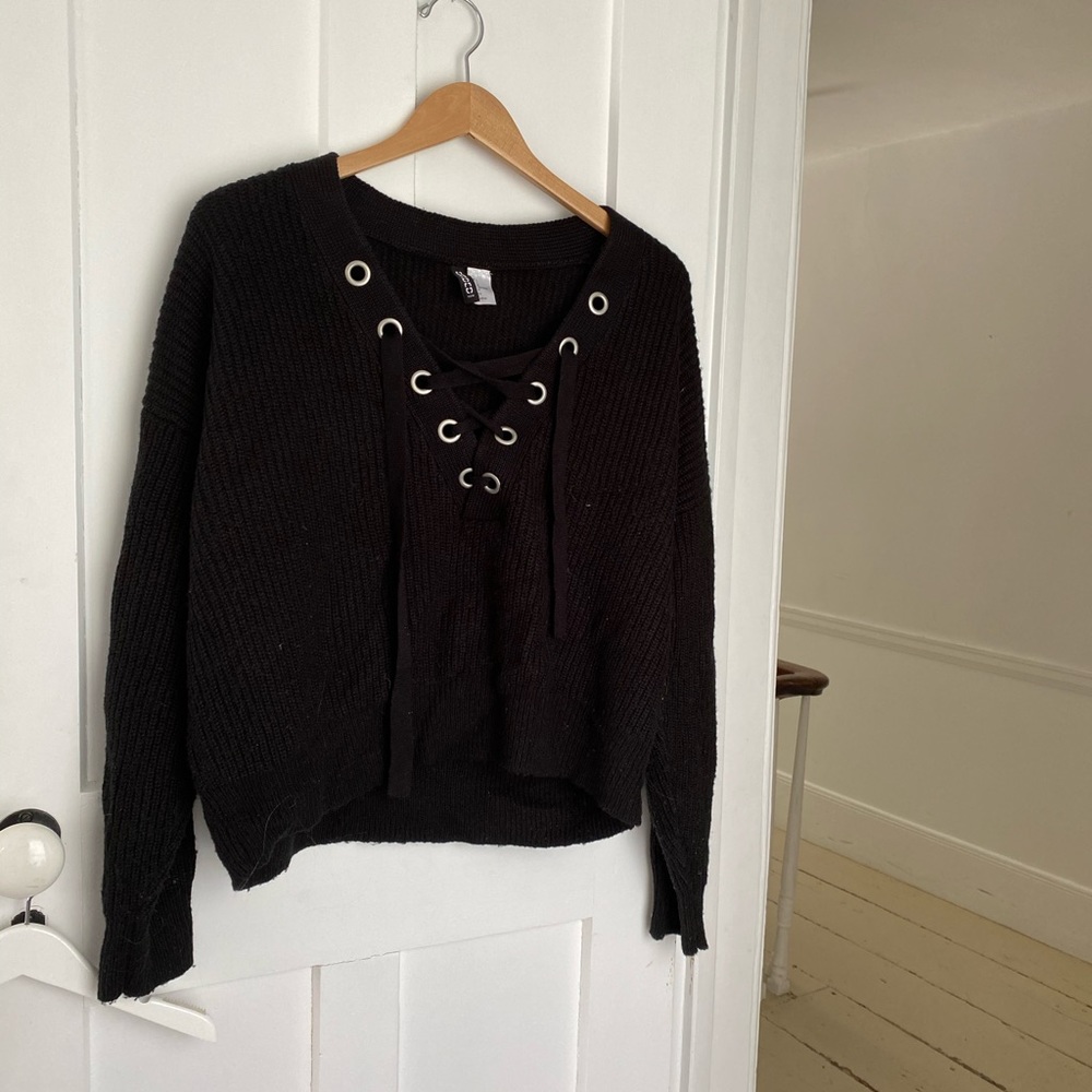 Black Lace Up Sweater